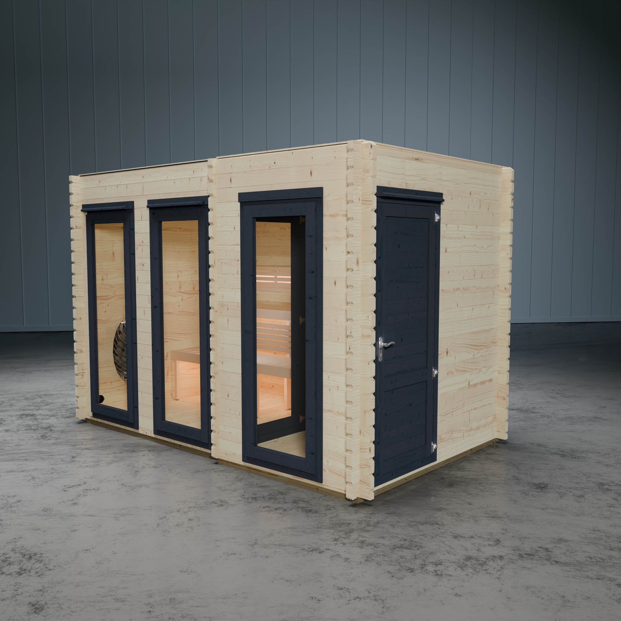 Wooden sauna with changing room on a grey background