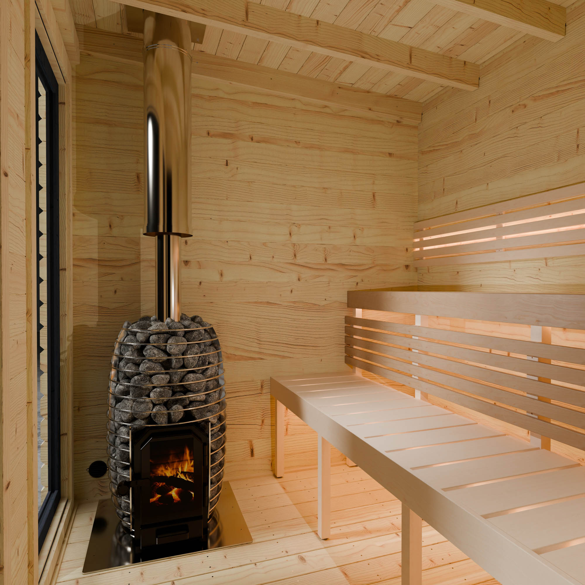 Wooden sauna with a stove and bench