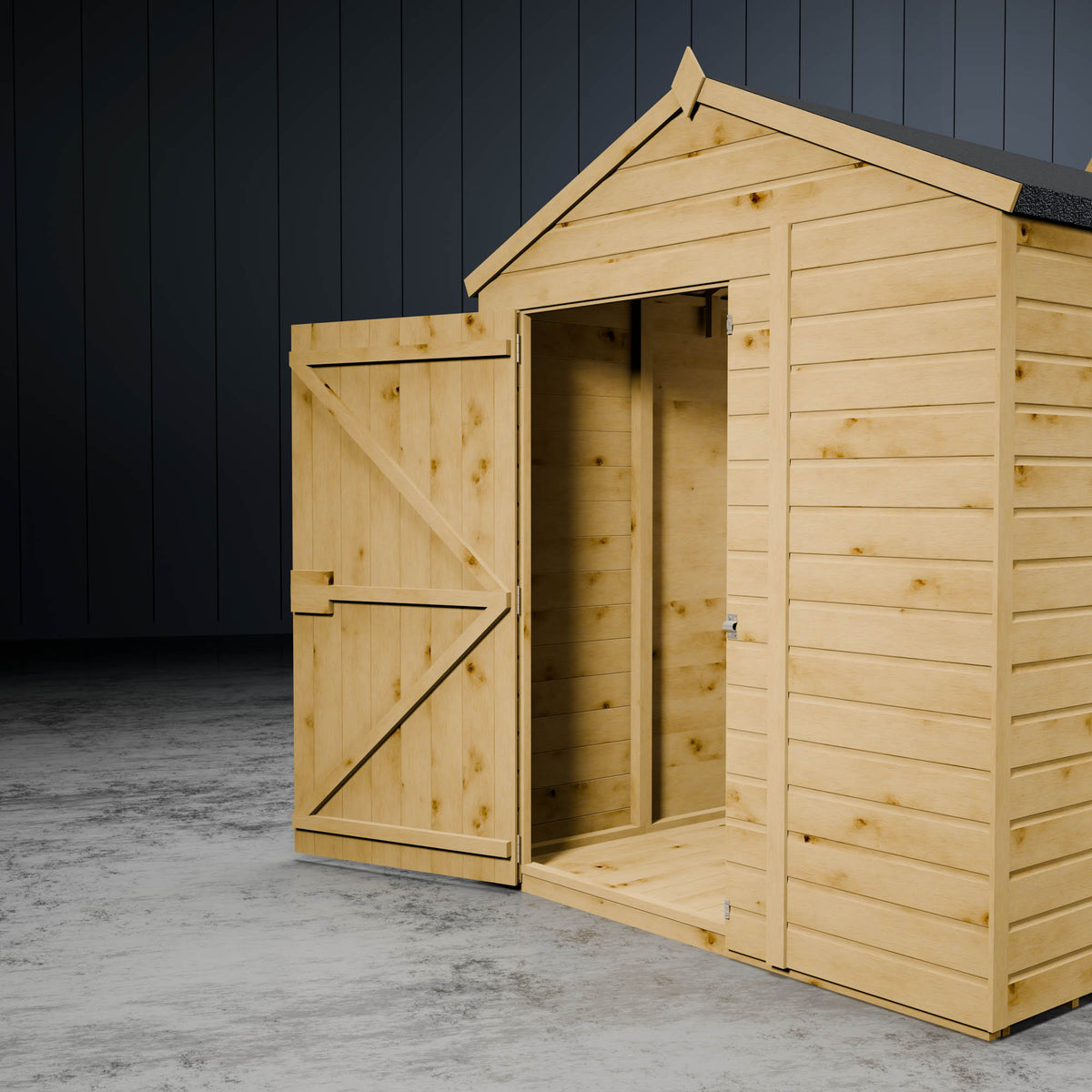 Wooden shed with open door against a dark wall