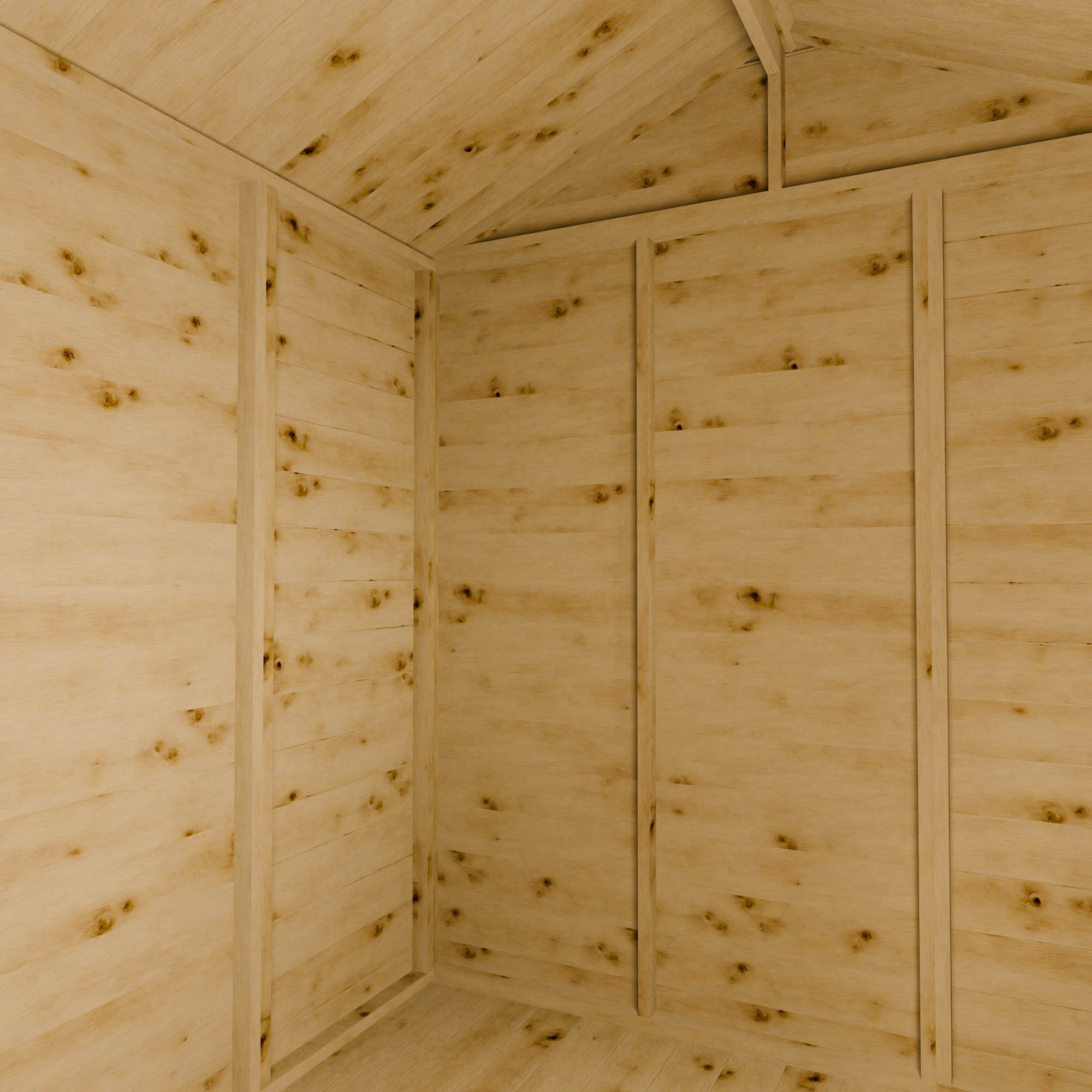 Wooden shed interior with an apex roof