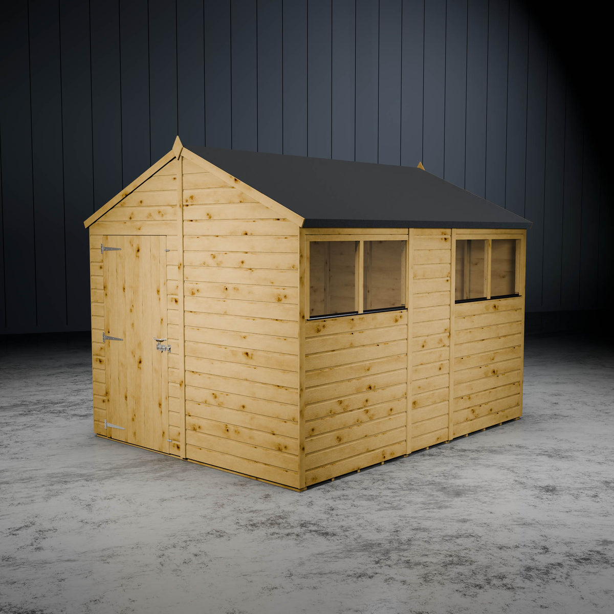 Wooden apex shed with a dark roof against a dark background