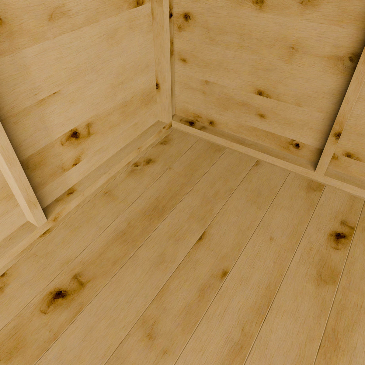 Close-up of a wooden shed interior with a natural finish