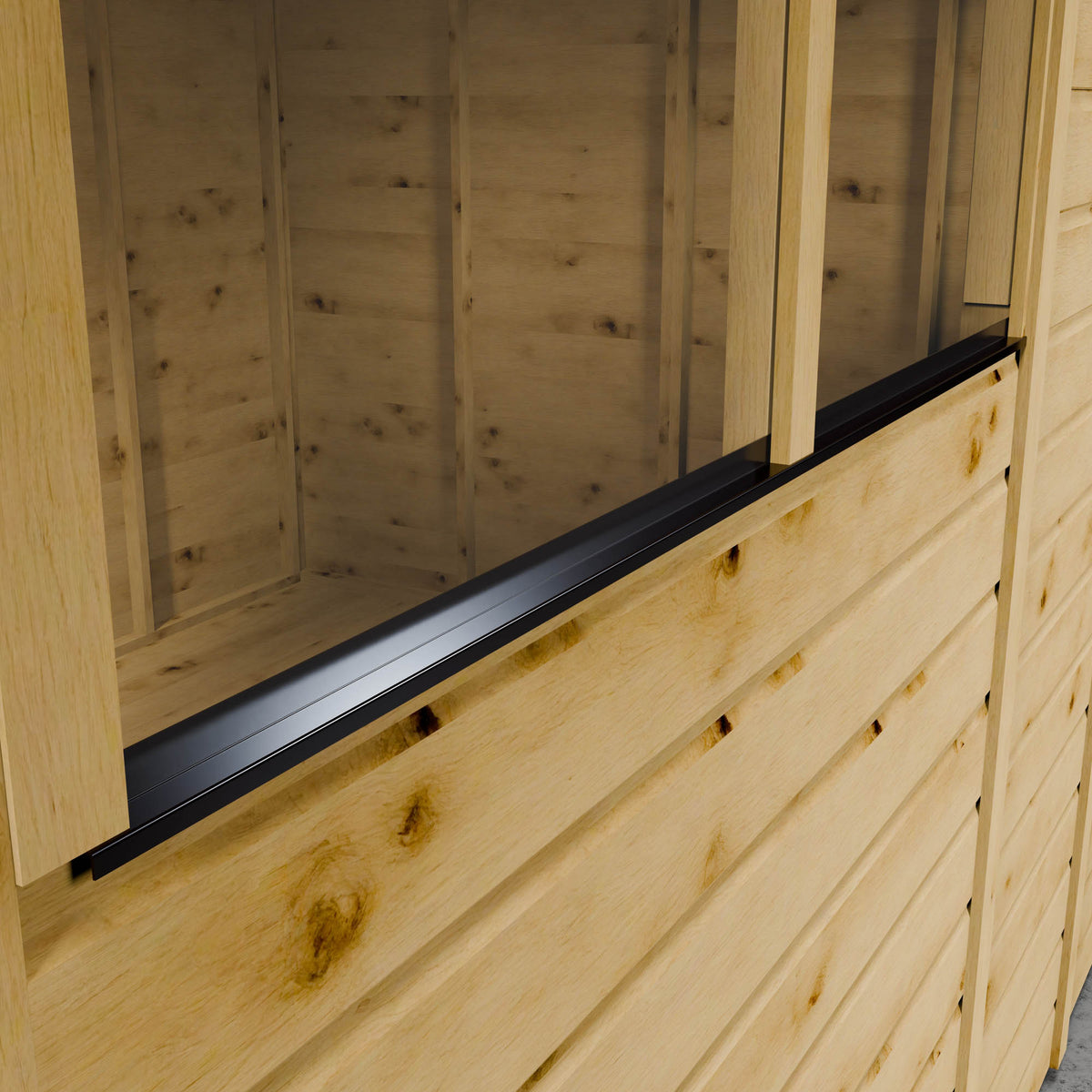 Wooden shiplap shed with styrene window and black strip.