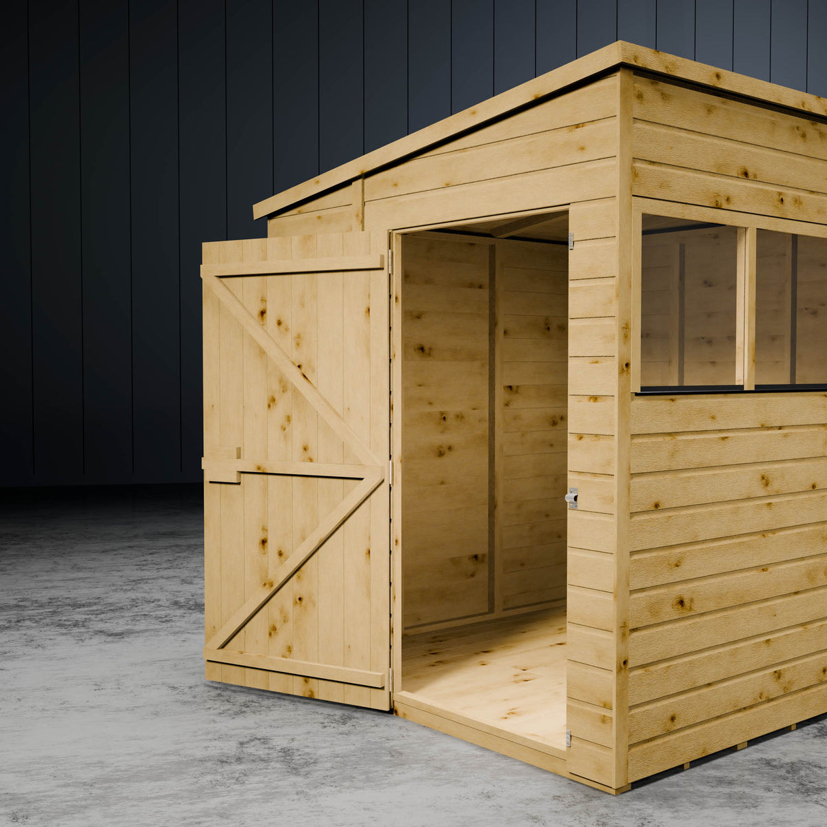Wooden shed with open door on a grey floor against a dark panelled wall