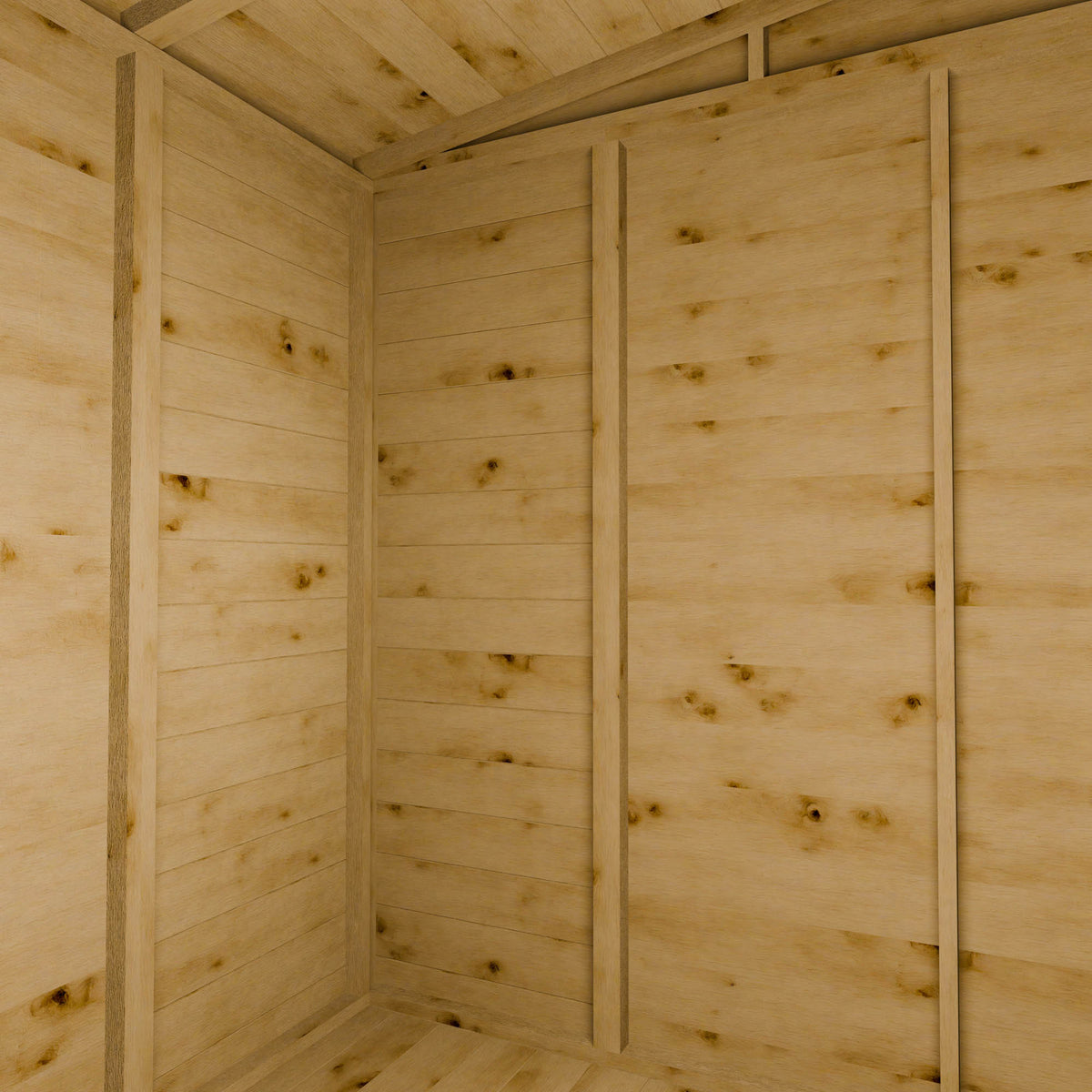 Wooden shed interior with panelled walls and ceiling.