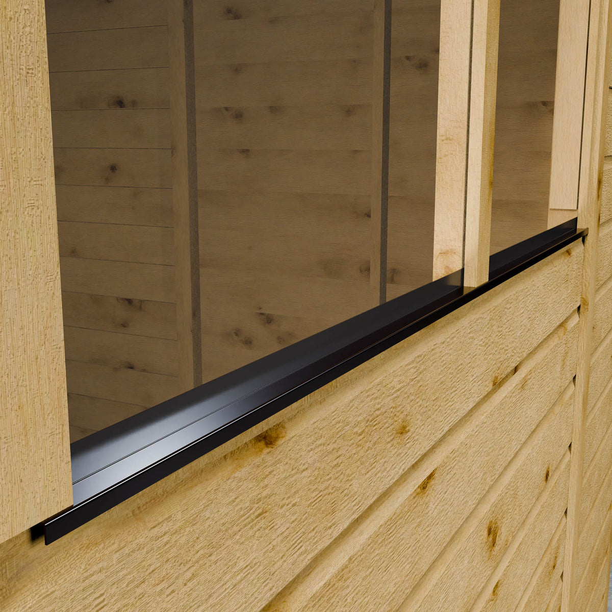 Close-up of a wooden shed with a sliding glass panel