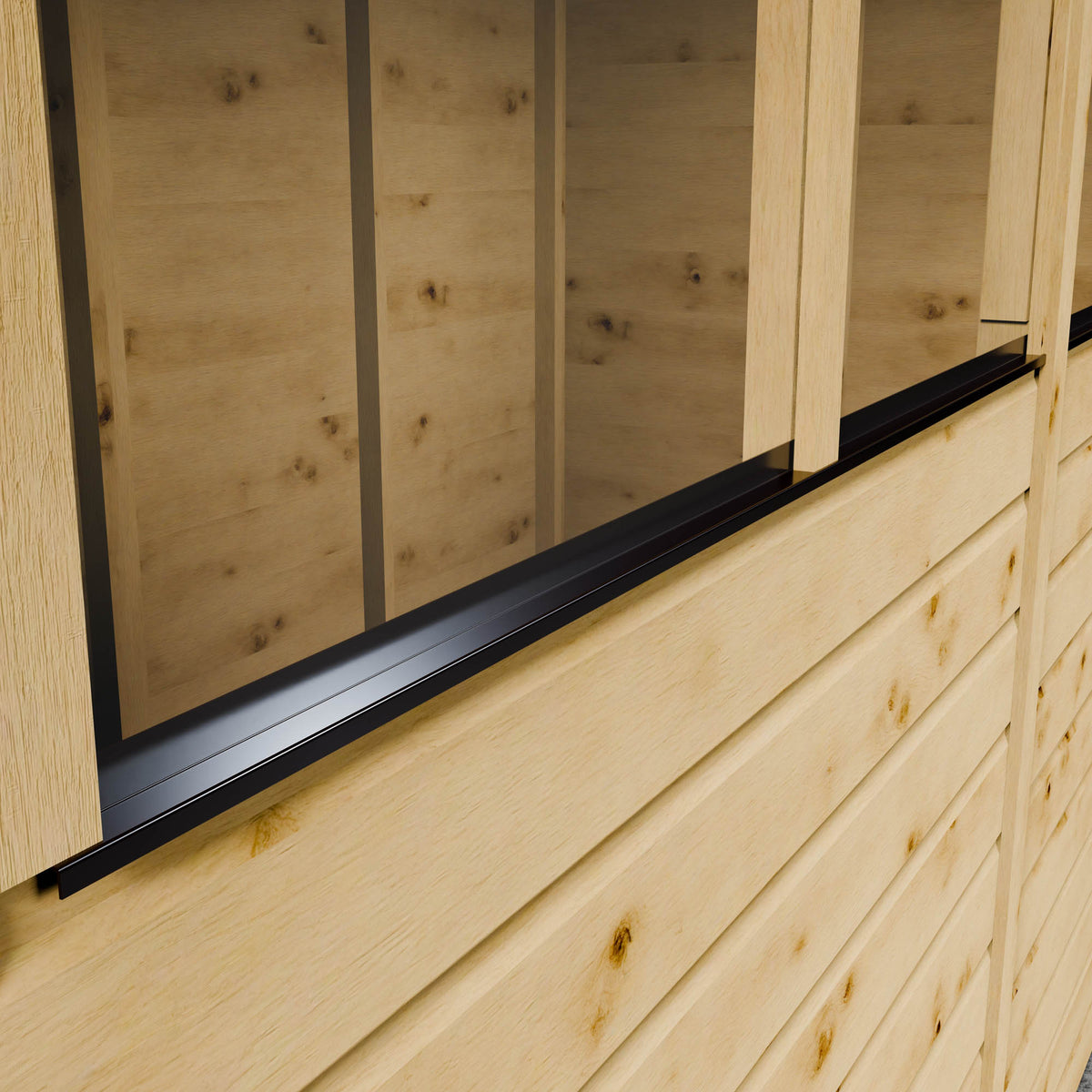 Wooden shiplap shed with styrene windows and black weatherproof cill.