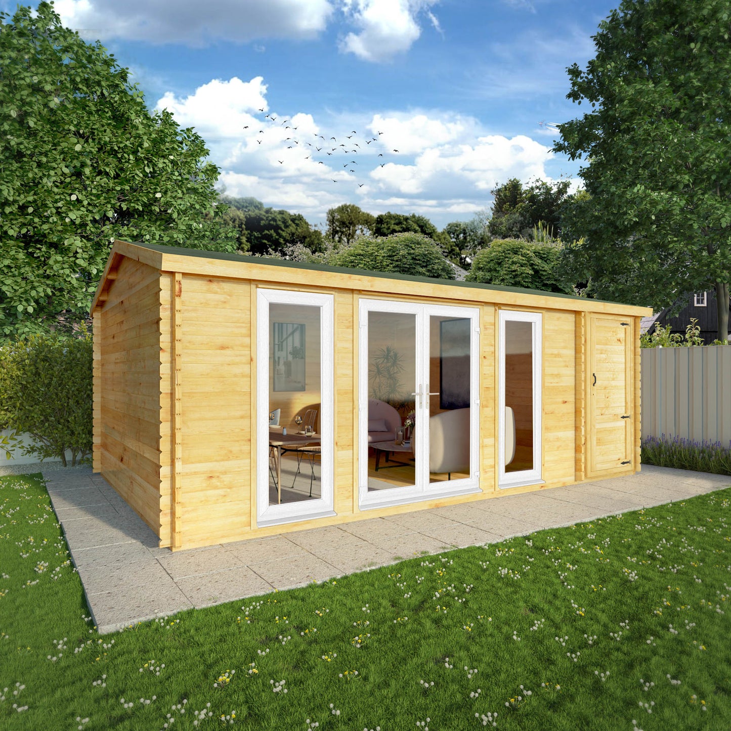 A log cabin with full length upvc windows and side shed
