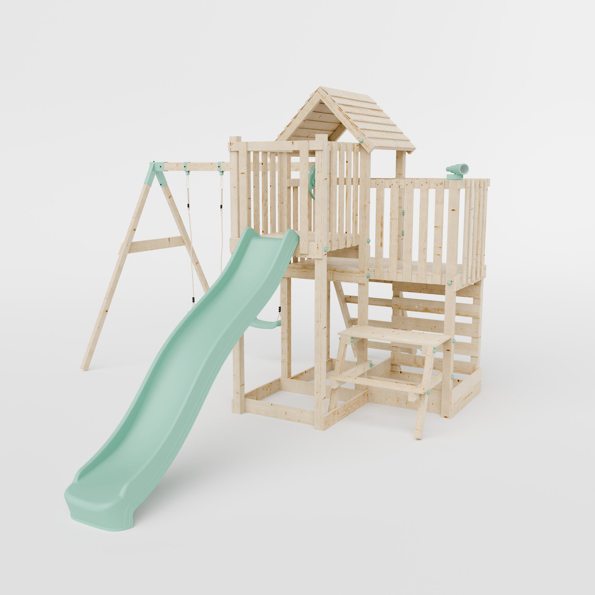 Climbing Frame with Double Swing Extended Height Platform & 2.65m Slide & Picnic Table - Bramblewick Forest Watchtower VI