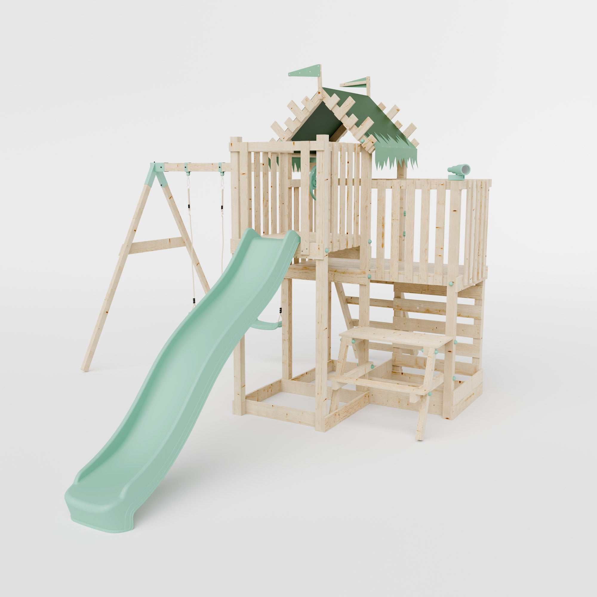 Climbing Frame with Double Swing Extended Height Platform & 2.65m Slide & Picnic Table - Enchanted Grove Watchtower VI
