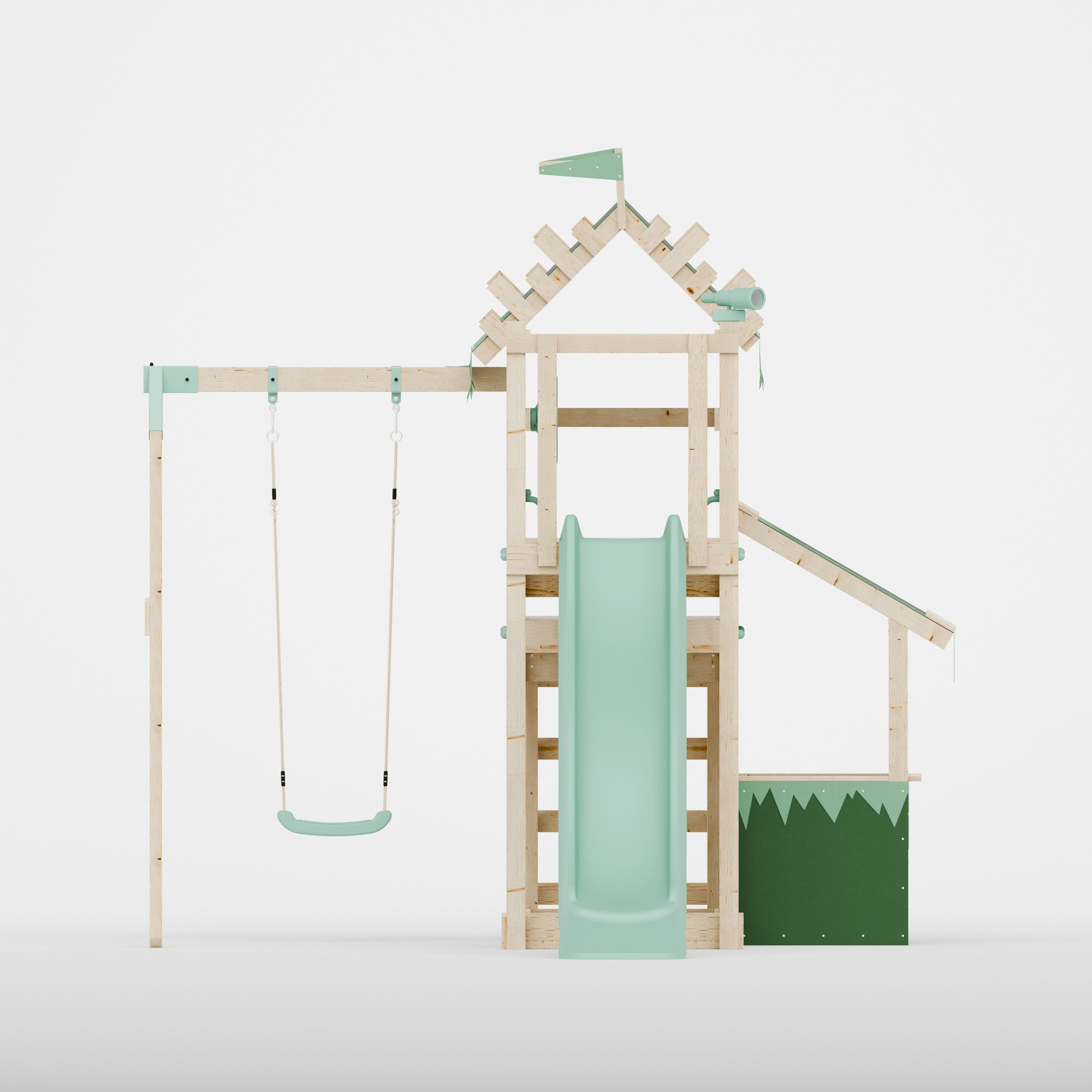 Climbing Frame with Single Swing Extended Height Platform & 2.65m Slide & Shop - Enchanted Grove Watchtower VIII