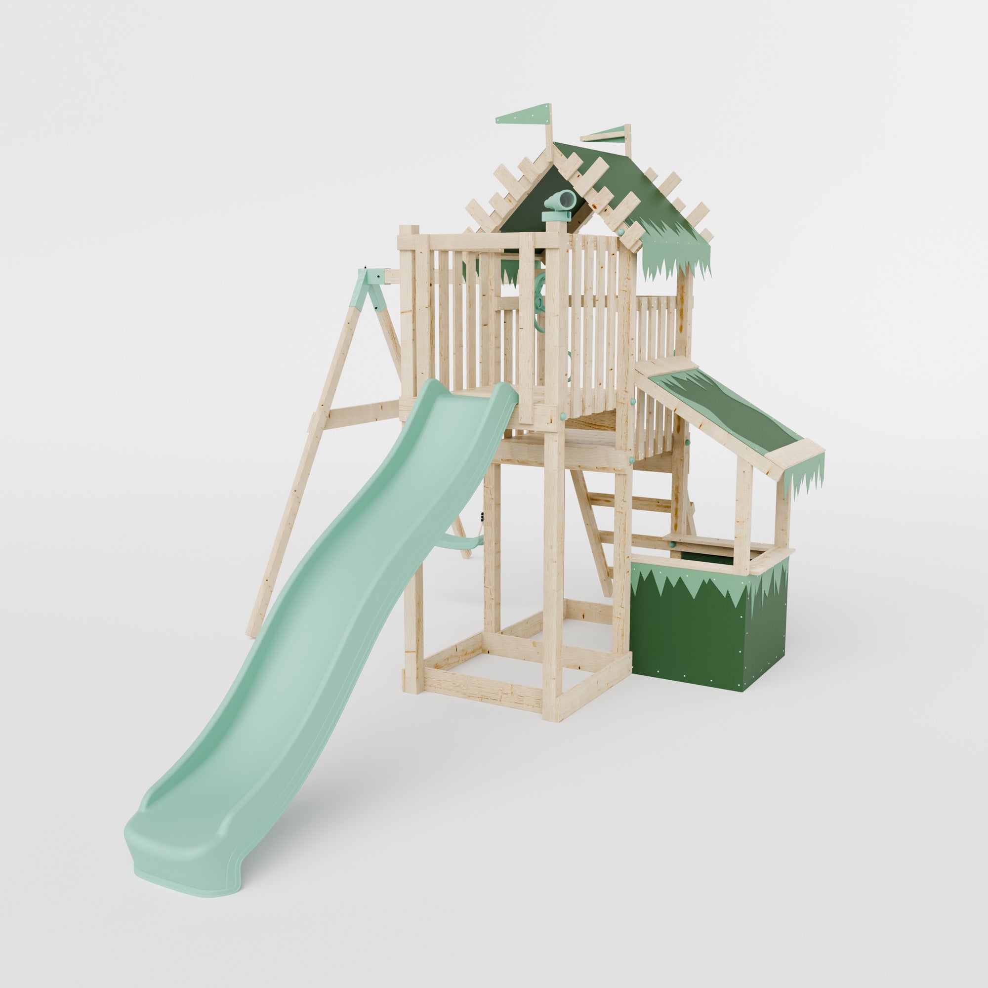 Climbing Frame with Single Swing Extended Height Platform & 2.65m Slide & Shop - Enchanted Grove Watchtower VIII