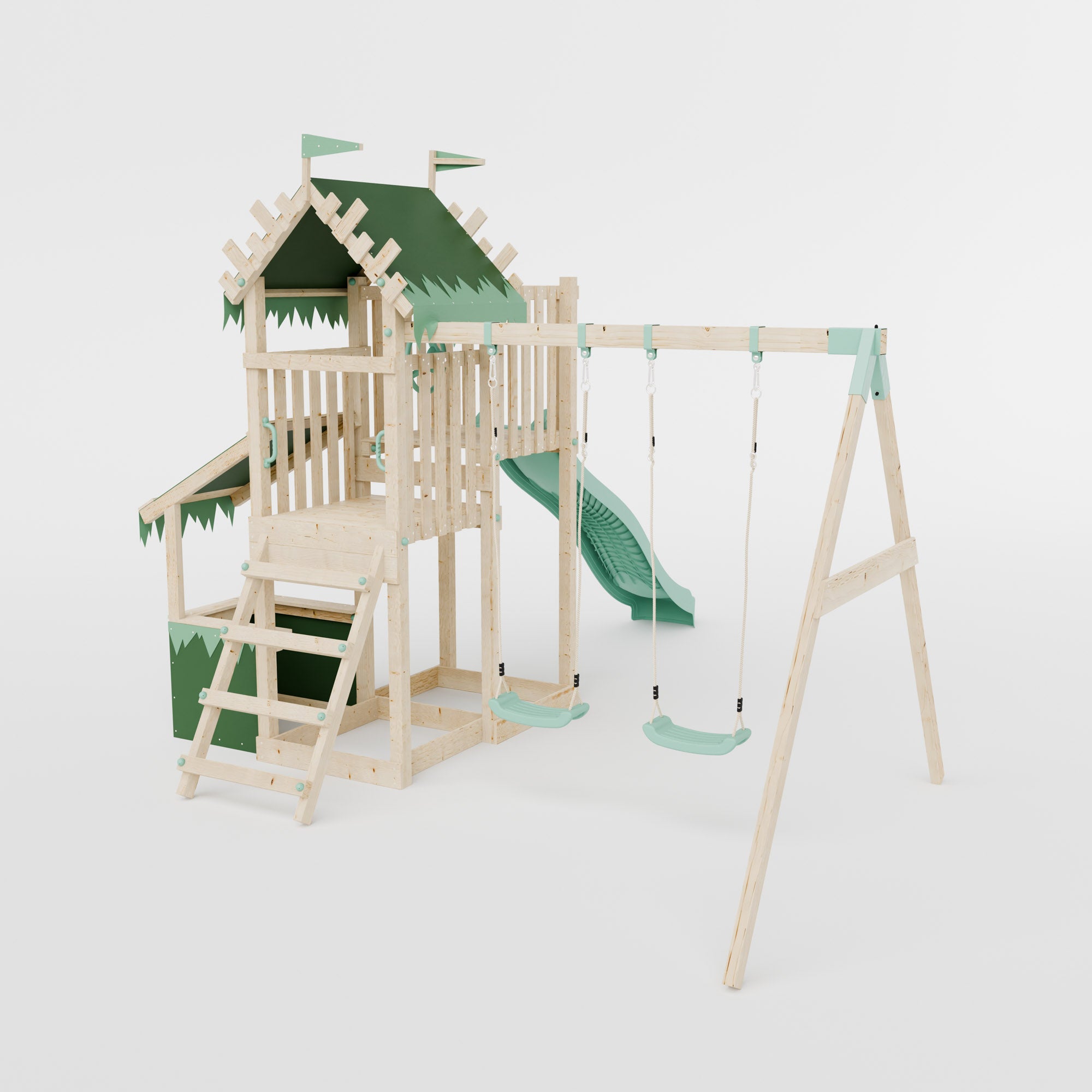 Climbing Frame with Double Swing Extended Height Platform & 2.65m Slide & Shop - Enchanted Grove Watchtower IX