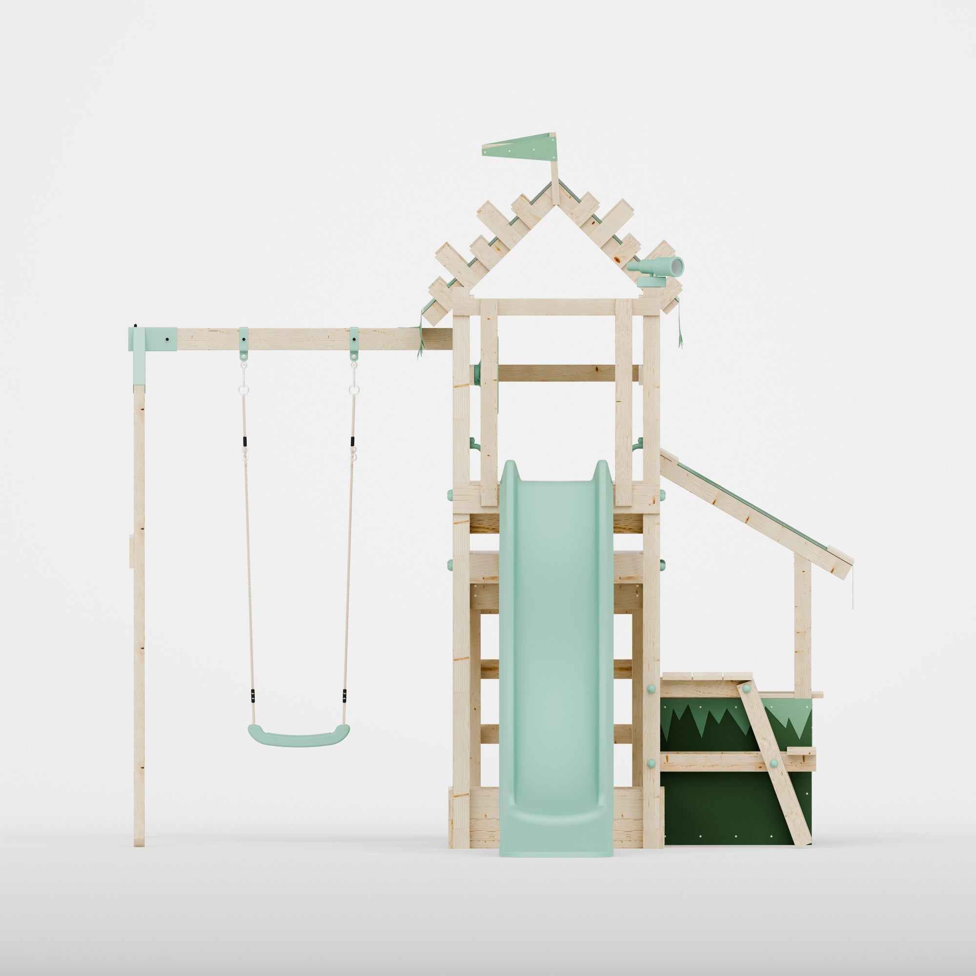 Climbing Frame with Single Swing Extended Height Platform & 2.65m Slide & Shop & Picnic Table - Enchanted Grove Watchtower X