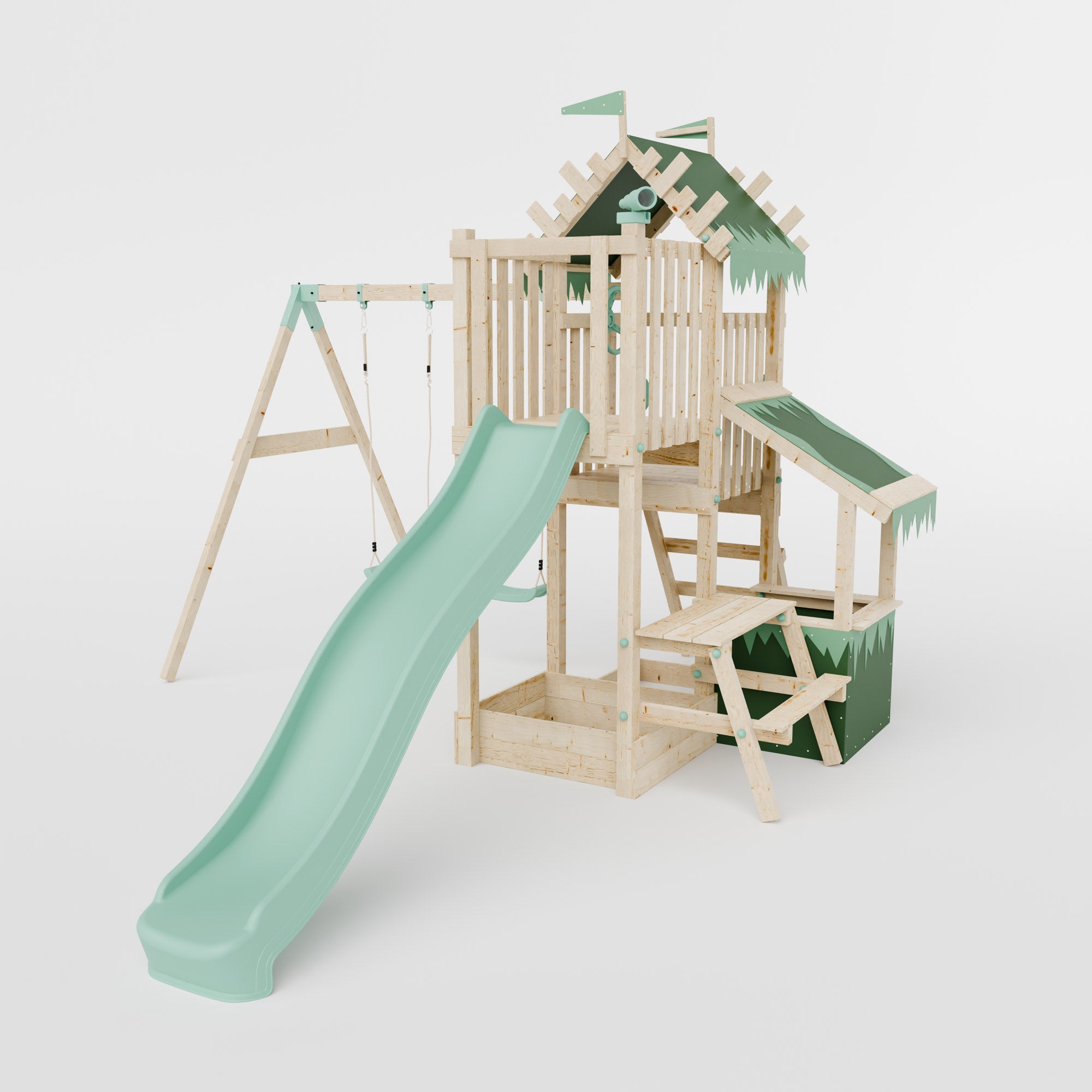 Climbing Frame with Double Swing Extended Height Platform & 2.65m Slide & Shop & Picnic Table - Enchanted Grove Watchtower XI