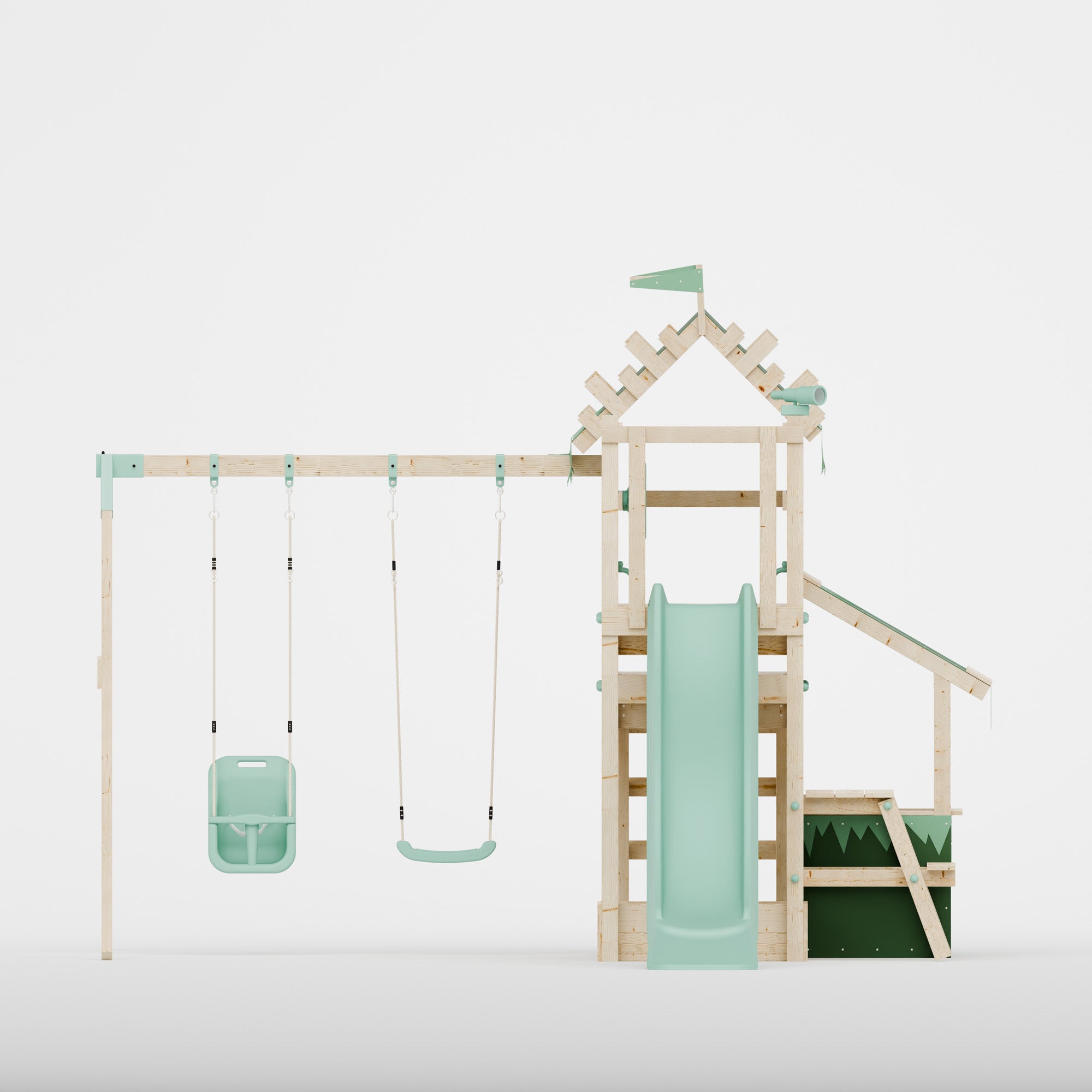 Climbing Frame with Double Swing Extended Height Platform & 2.65m Slide & Shop & Picnic Table - Enchanted Grove Watchtower XII