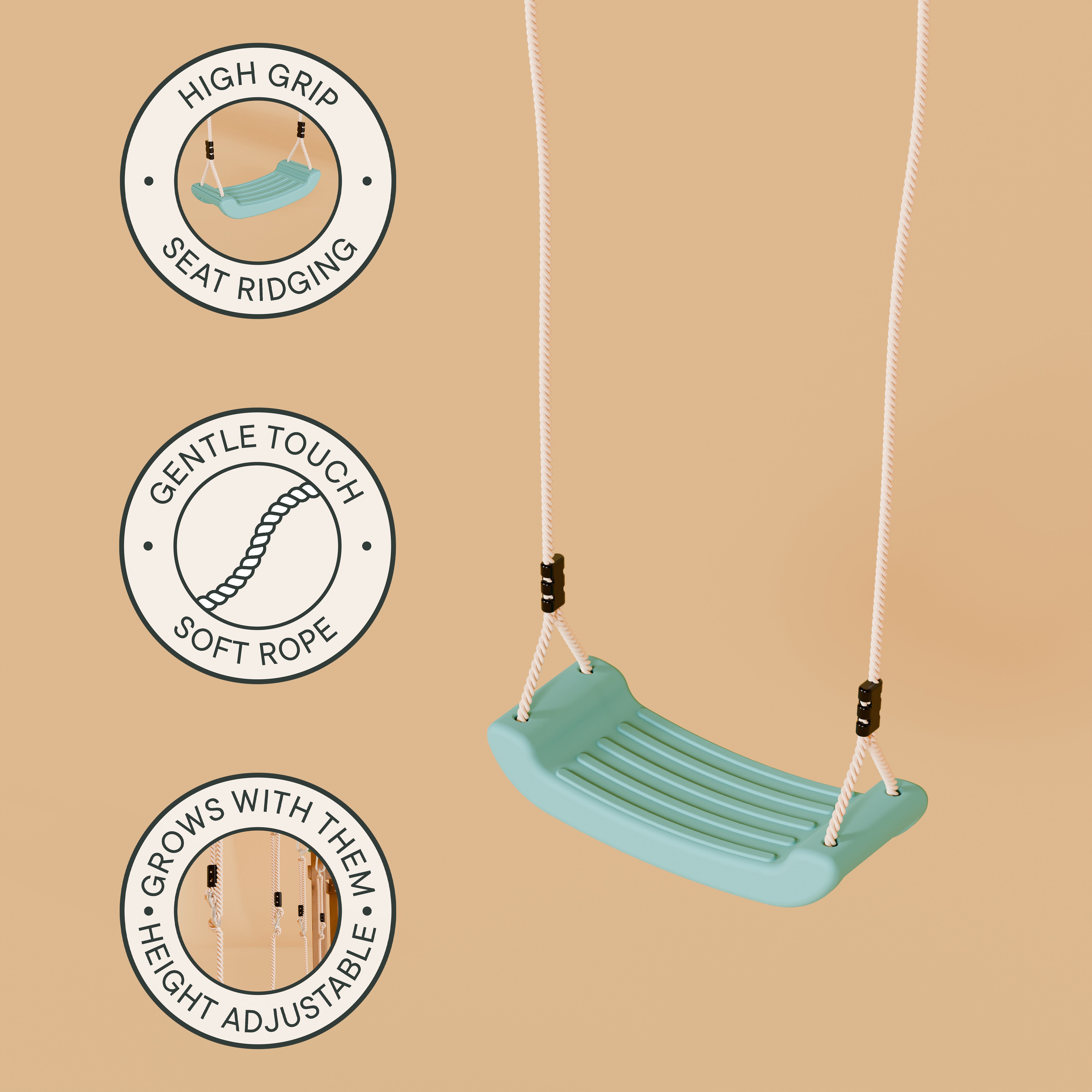 Teal swing with high grip seat ridging, gentle touch soft rope, and height adjustable features on a brown background.