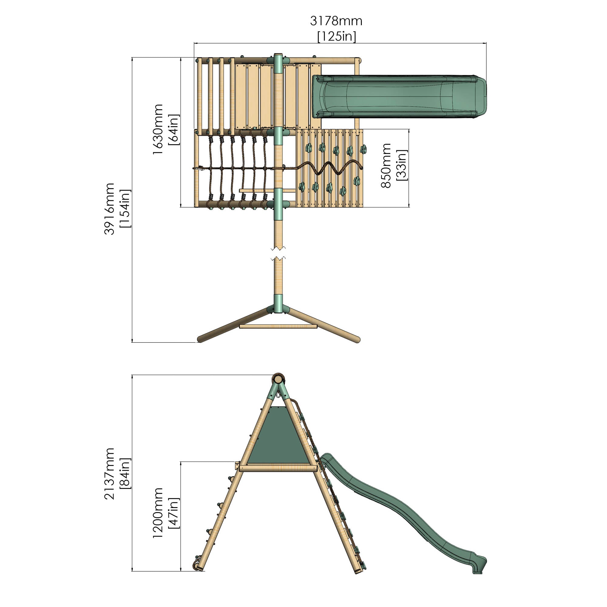 Dimensions of a playground structure with slide and climbing frame on a white background