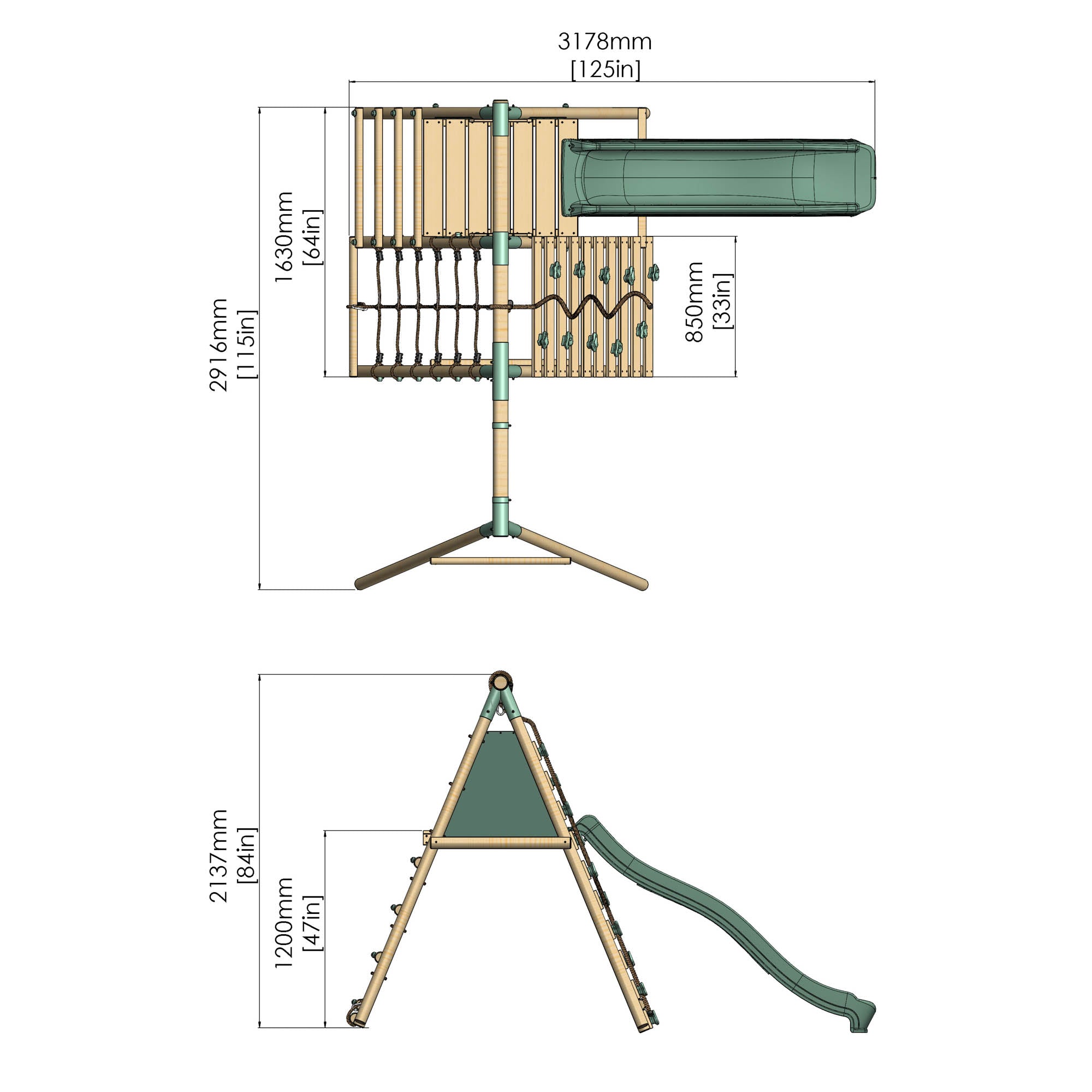Dimensions of a playground slide structure with measurements in millimeters and inches.