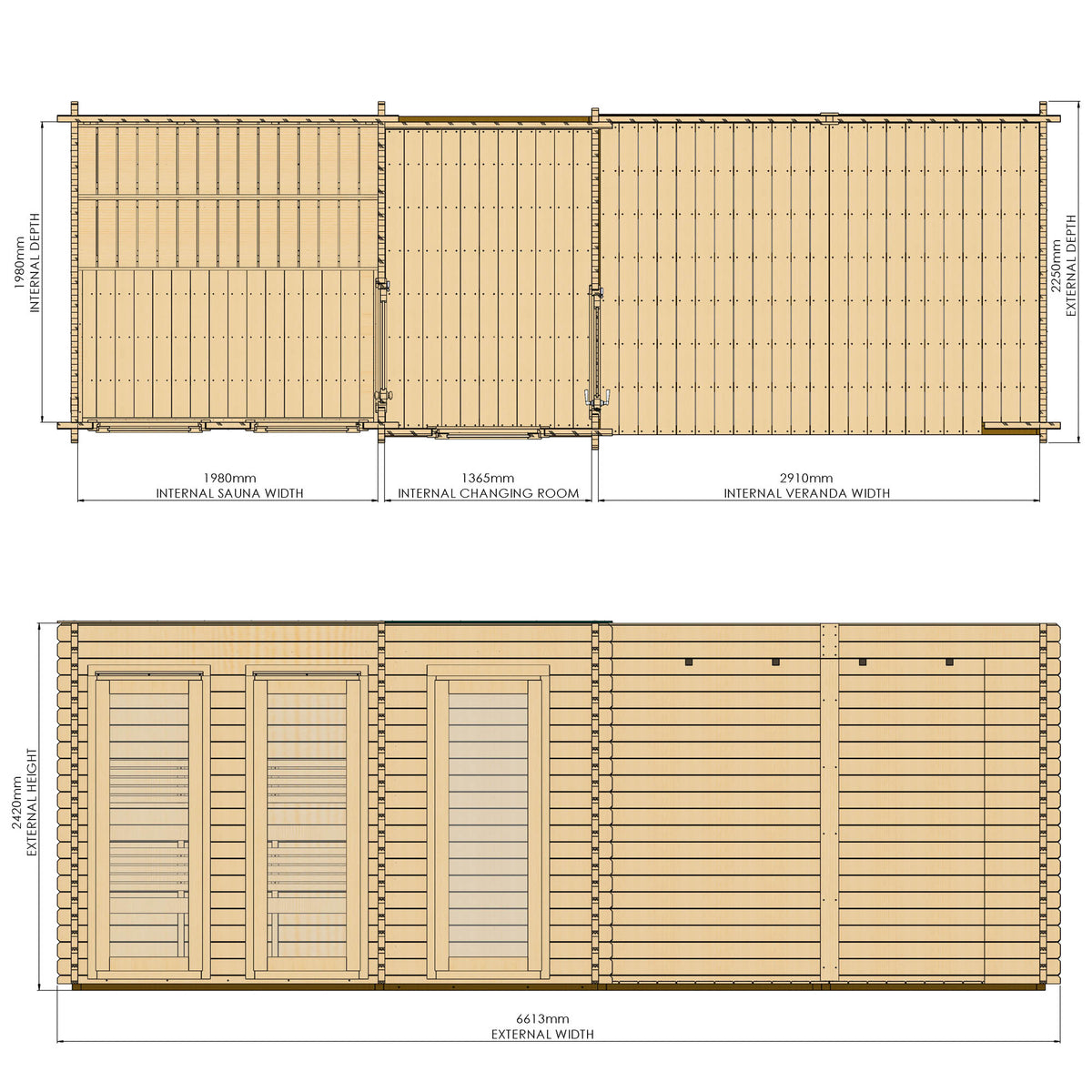 Dimensions diagram for the Novi sauna with changing room and large veranda