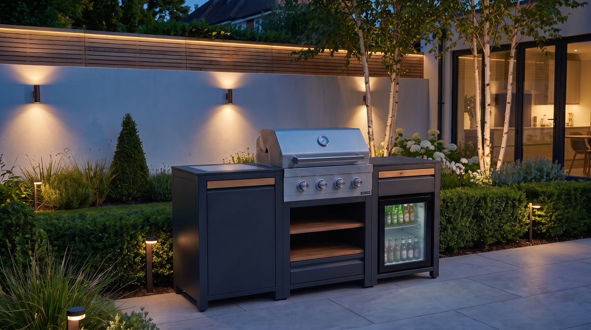 Urban Compact Outdoor Kitchen with fridge lit up at night