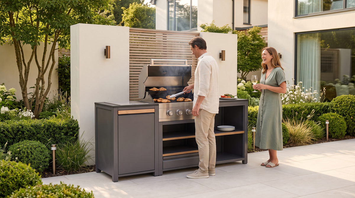 Urban Compact Outdoor Kitchen in use with food on the grill