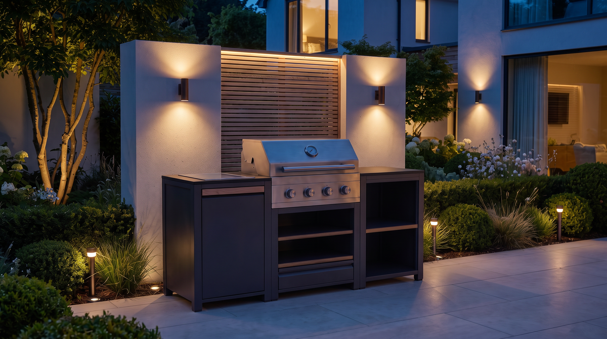Urban Compact Outdoor Kitchen lit up at night