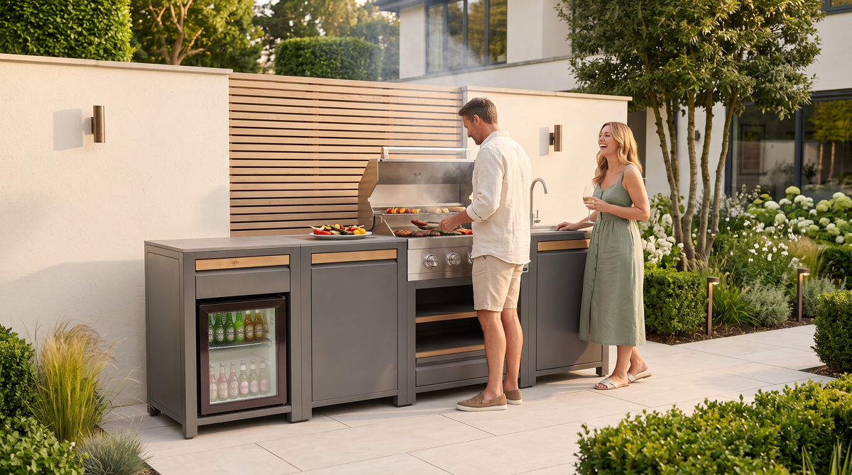 Urban Medium Outdoor Kitchen in use with food on the grill