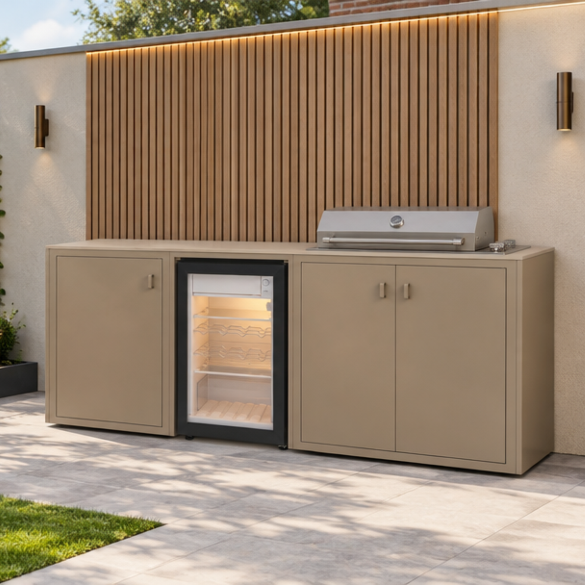 Vantage Linear Outdoor Kitchen with Fridge and 4 Burner BBQ, on a patio by day, Sand#colour_sand