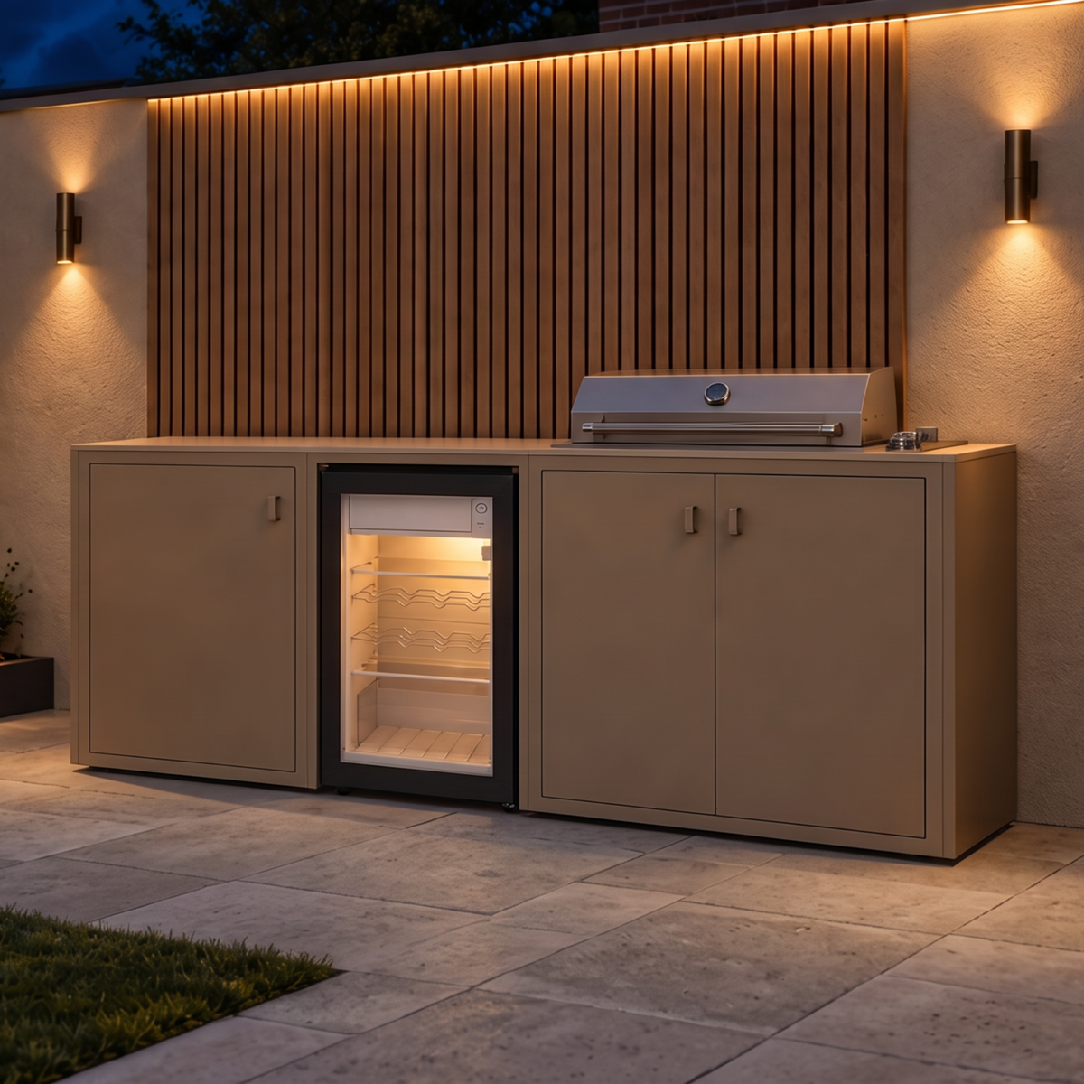 Vantage Linear Outdoor Kitchen with Fridge and 4 Burner BBQ, lit at night, Sand