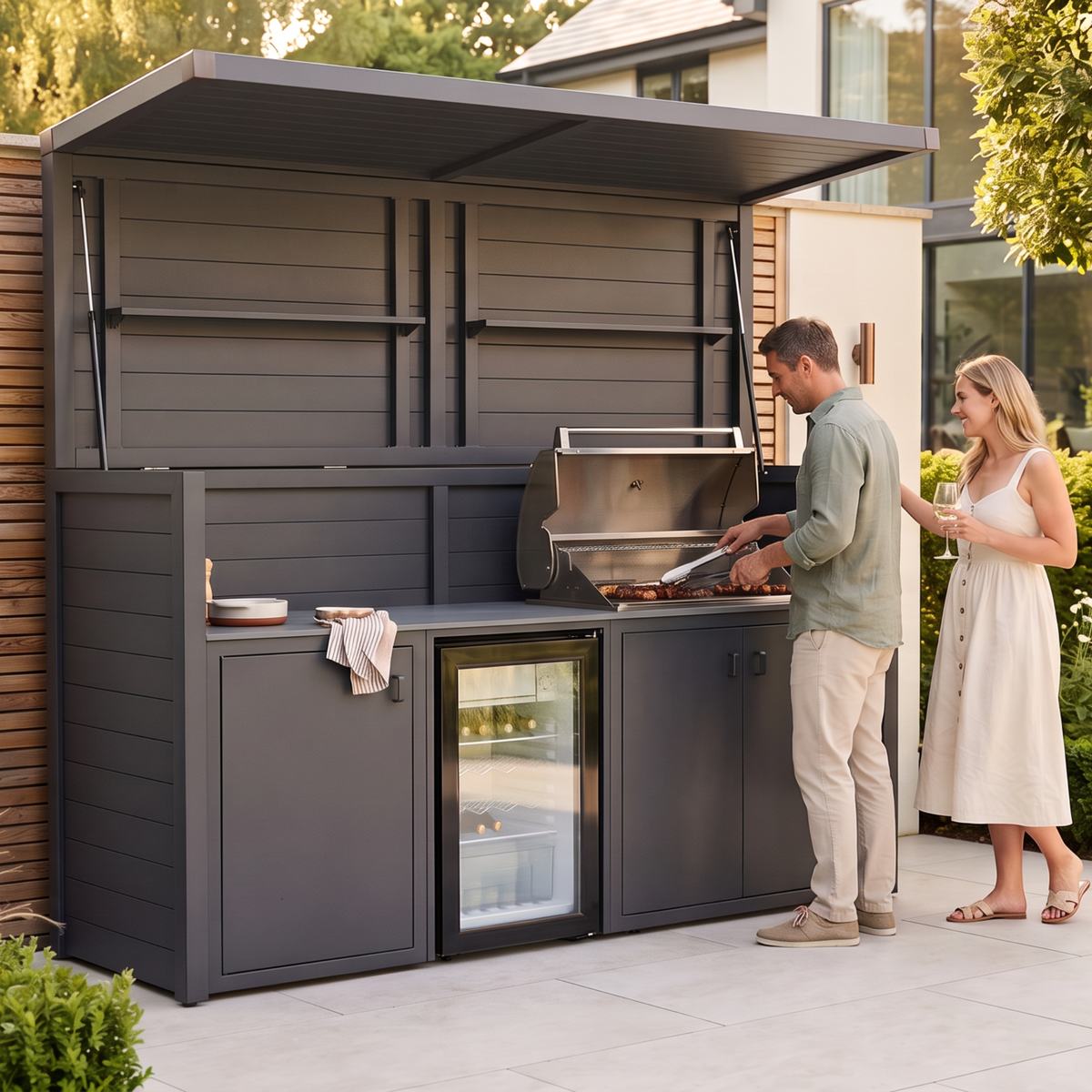 Vantage Outdoor Kitchen Pod with 4 Burner Gas Grill and Fridge, in use on a patio, Grey