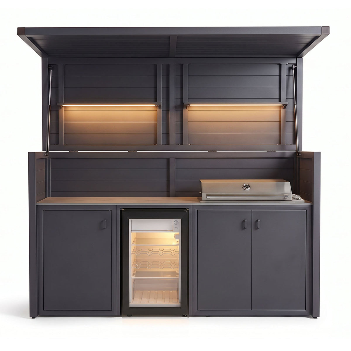 Vantage Outdoor Kitchen Pod with 4 Burner Gas Grill and Fridge, open with the shelf lights on, Grey