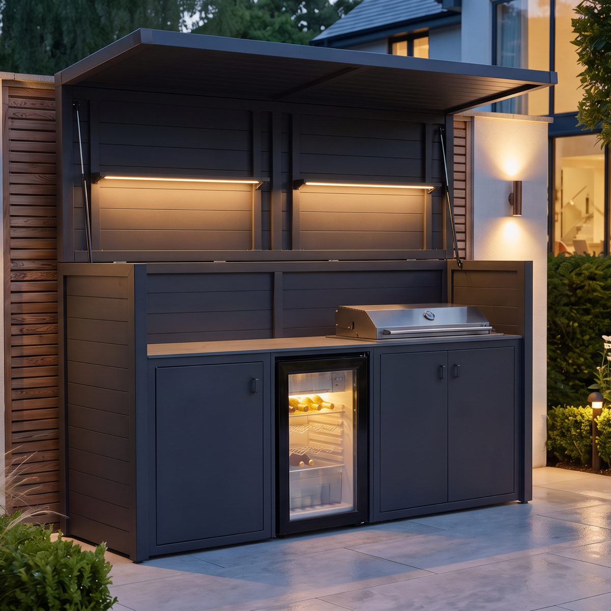 Vantage Outdoor Kitchen Pod with 4 Burner Gas Grill and Fridge, open and lit at night, Grey