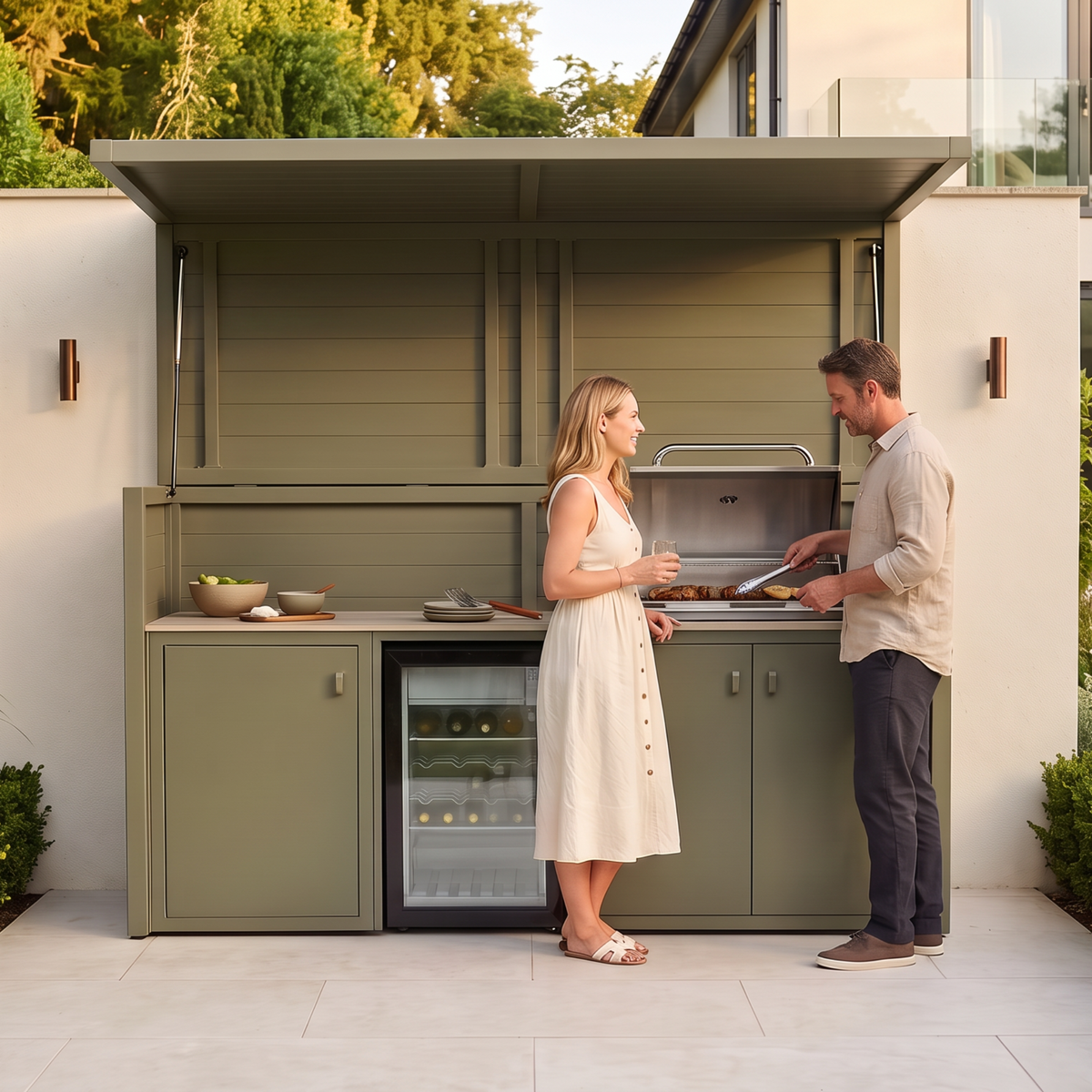 Vantage Outdoor Kitchen Pod with 4 Burner Gas Grill and Fridge, in use on a patio, Olive Green