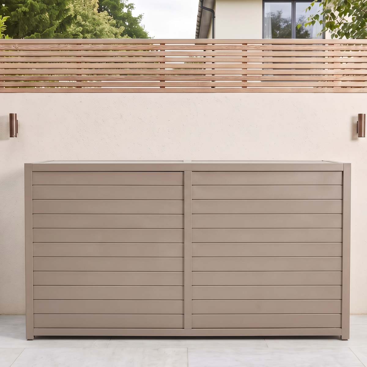 Vantage Outdoor Kitchen Pod with 4 Burner Gas Grill and Fridge, closed on a patio by day, Sand