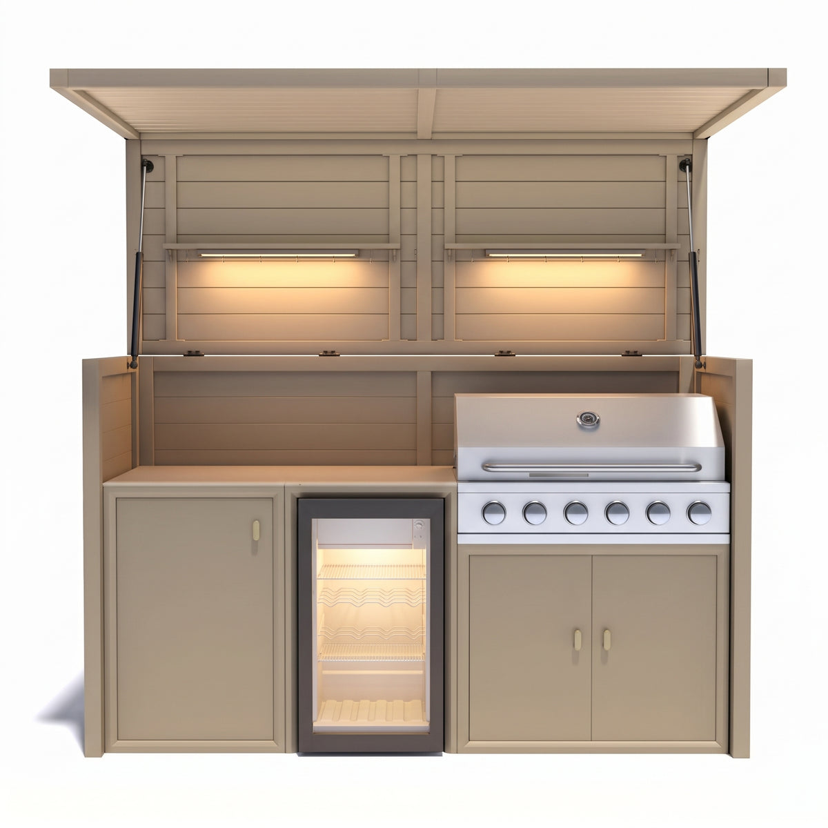 Vantage Outdoor Kitchen Pod with 6 Burner Gas BBQ and Fridge, open with the shelf lights on, Sand