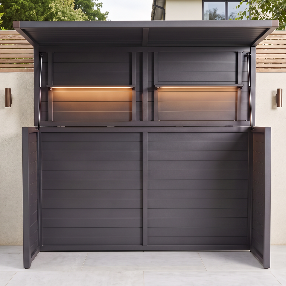 Vantage Outdoor Kitchen Pod Unit with Lift Up Lid, open on a patio by day, no kitchen inside, Grey