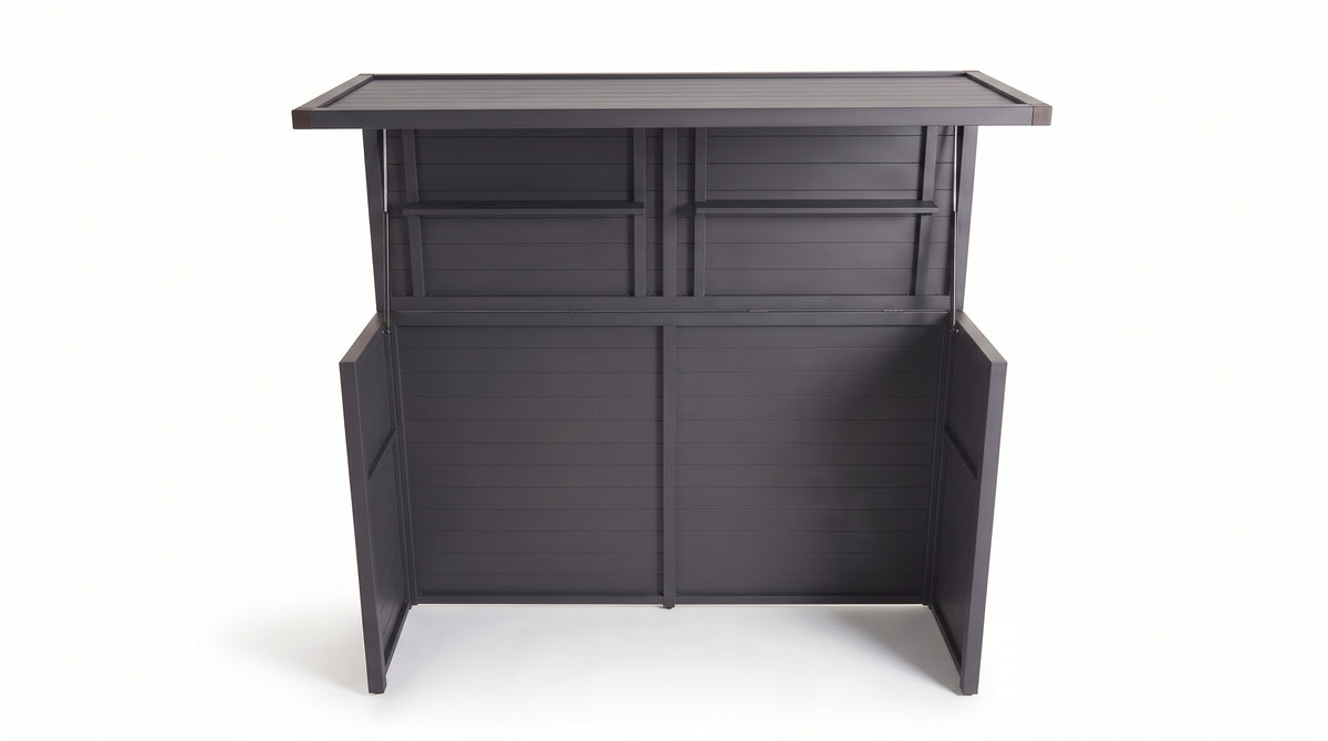 Vantage Outdoor Kitchen Pod Unit with Lift Up Lid, open with the side panels folded out, Grey