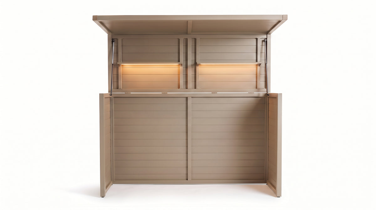 Vantage Outdoor Kitchen Pod Unit with Lift Up Lid, open with the shelf lights on, Sand