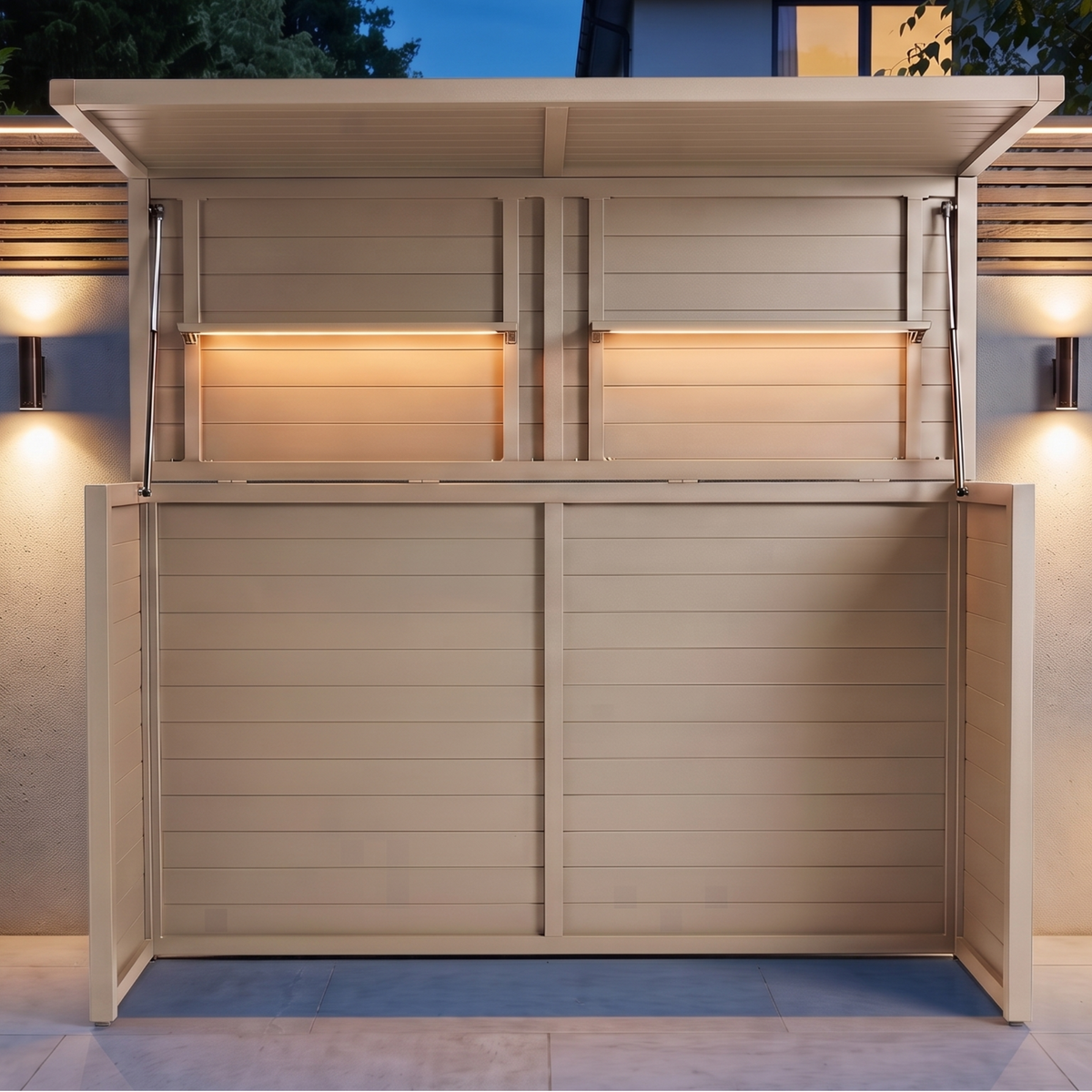 Vantage Outdoor Kitchen Pod Unit with Lift Up Lid, open and lit at night, no kitchen inside, Sand