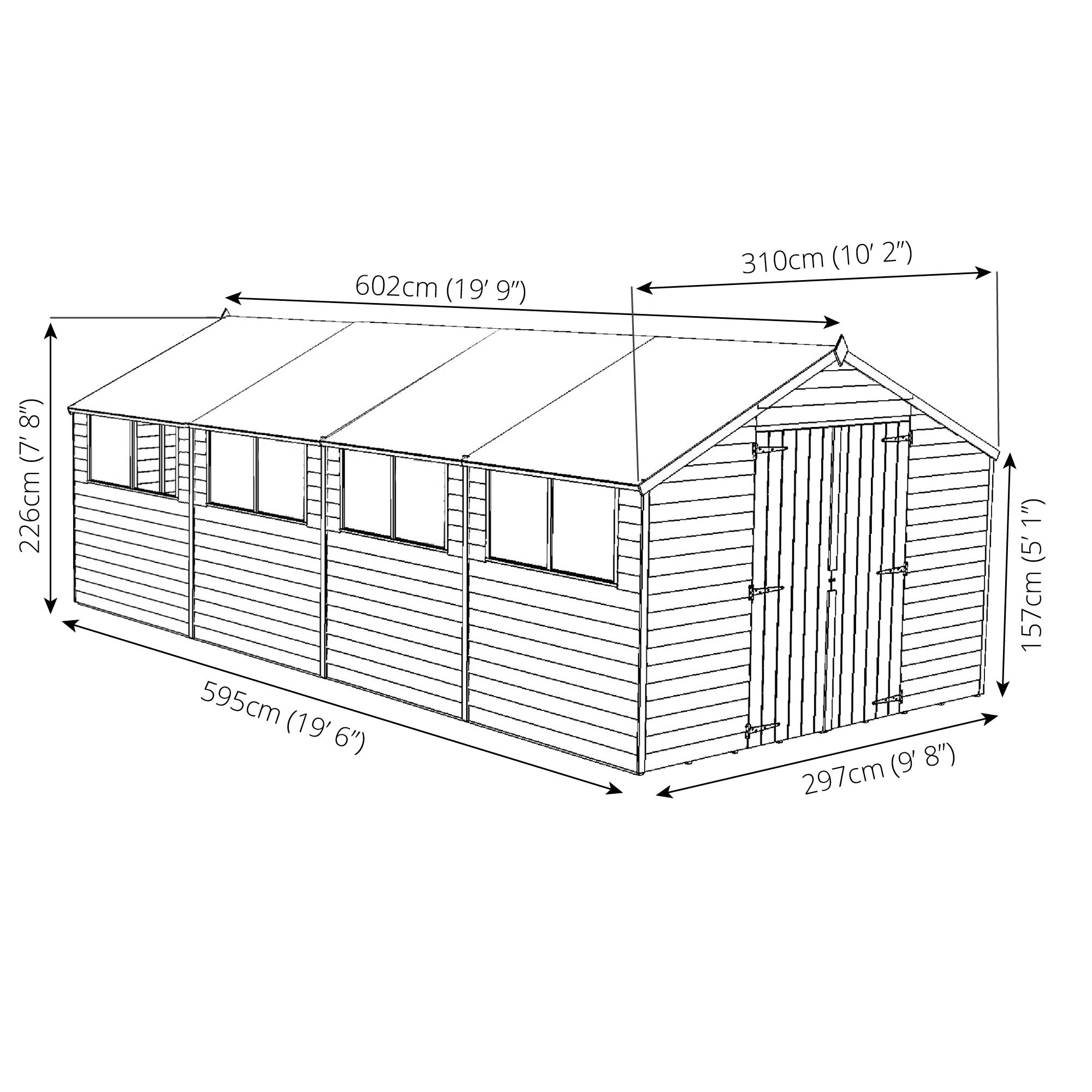 Refurbished 20 x 10 Overlap Double Door Apex Garden Shed