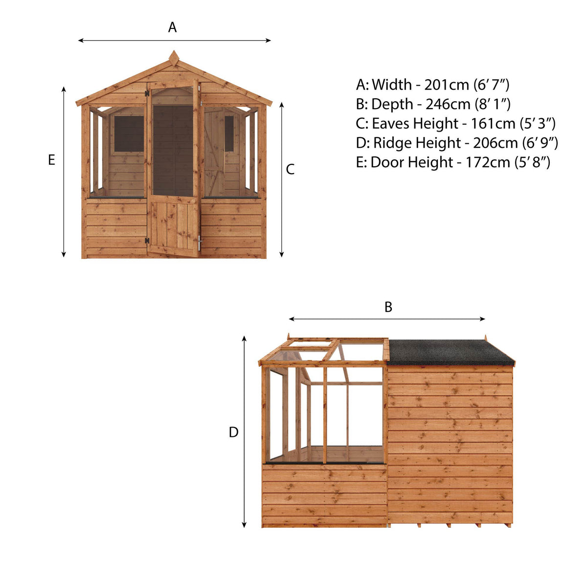 Measurements showing the dimensions of a combi greenhouse and shed