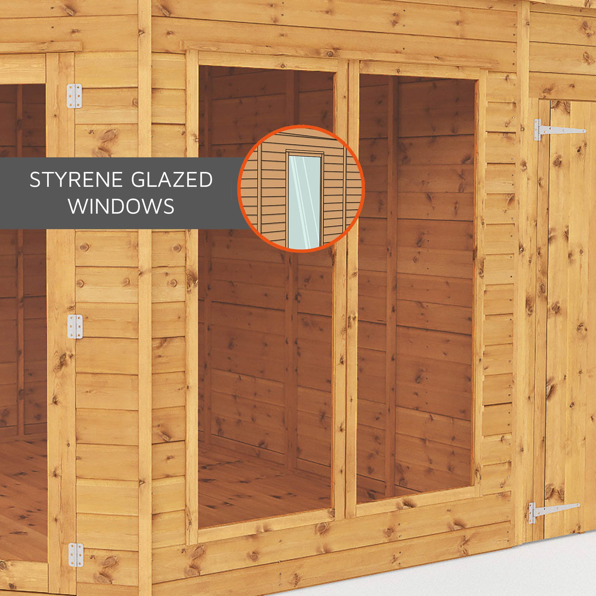 Styrene glazed windows on a timber summerhouse from Waltons, boasting shatterproof properties