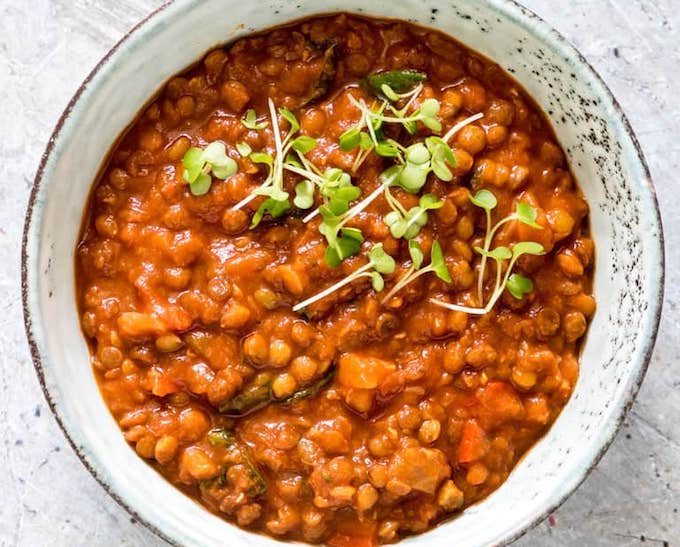 Lentil curry in white bowl