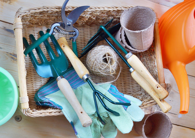 Basket from home full of gardening tools Basket from home full of gardening tools