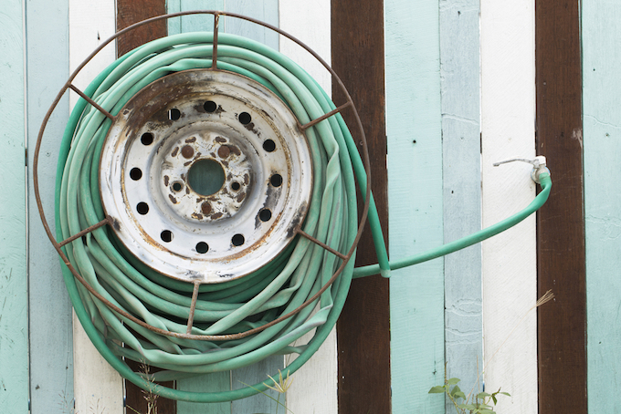 Hose reel against shed Hose reel against shed