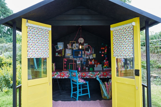 entrance to Sophie Robinson's shed with yellow doors entrance to Sophie Robinson's shed with yellow doors