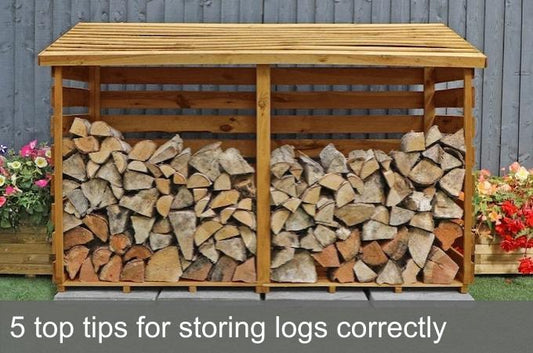 Waltons double log store with banner saying '5 top tips for storing logs correctly'