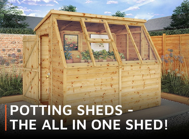 Lead image of Waltons wooden potting shed with wording 'Potting sheds - the all in one shed'