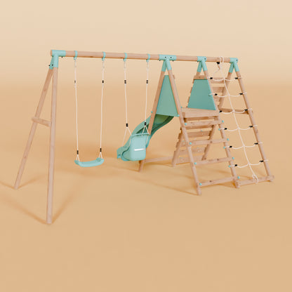 Double Wooden Swing Set with Baby Swing, Climbing Wall and Slide - Stagwood II
